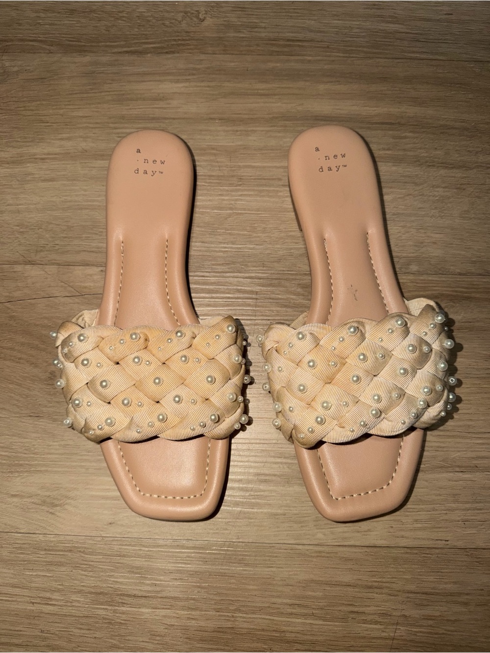 a new day Pearl-Embellished Braided Slide Sandals in beige